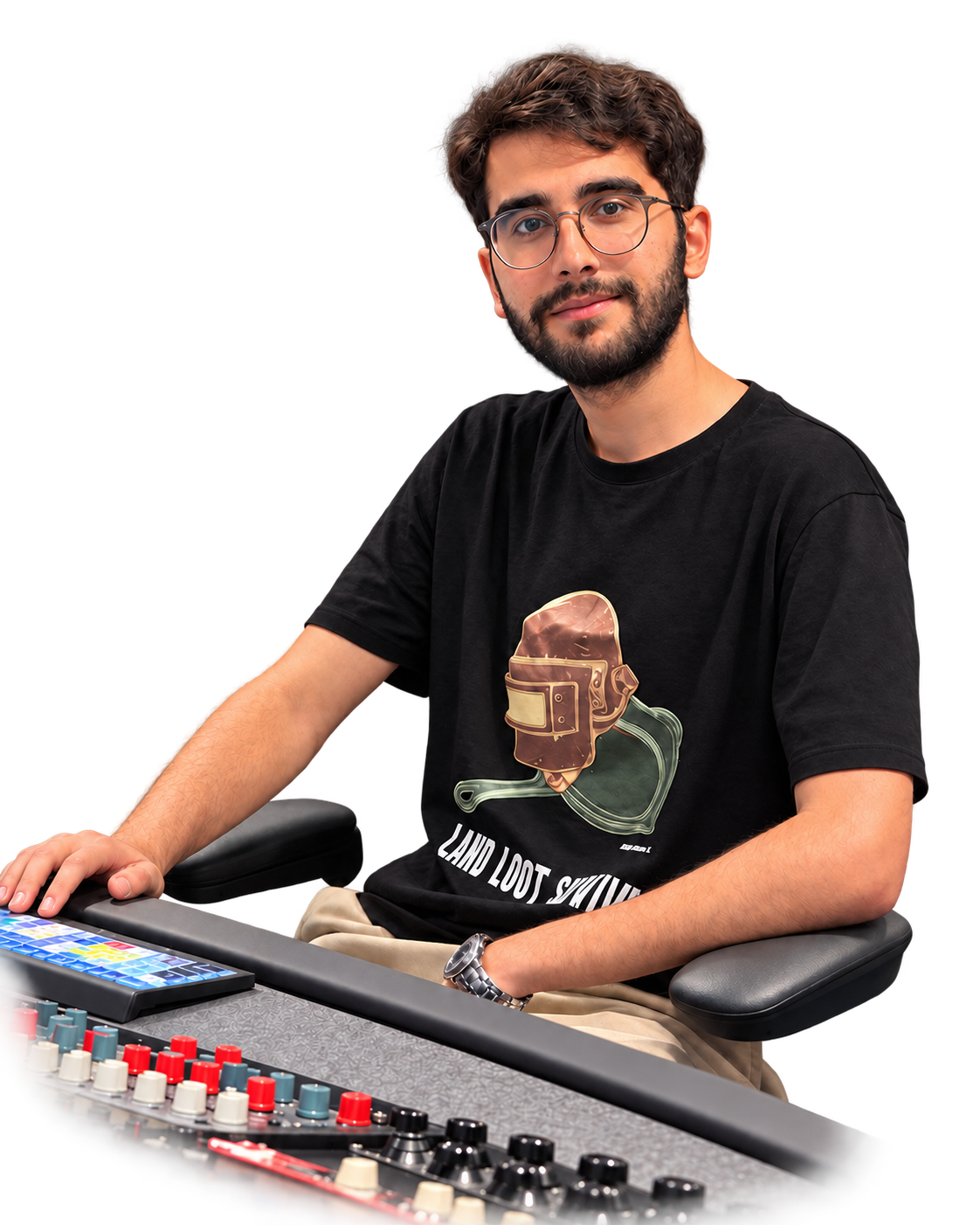 Omid Ameri with an audio mixing console